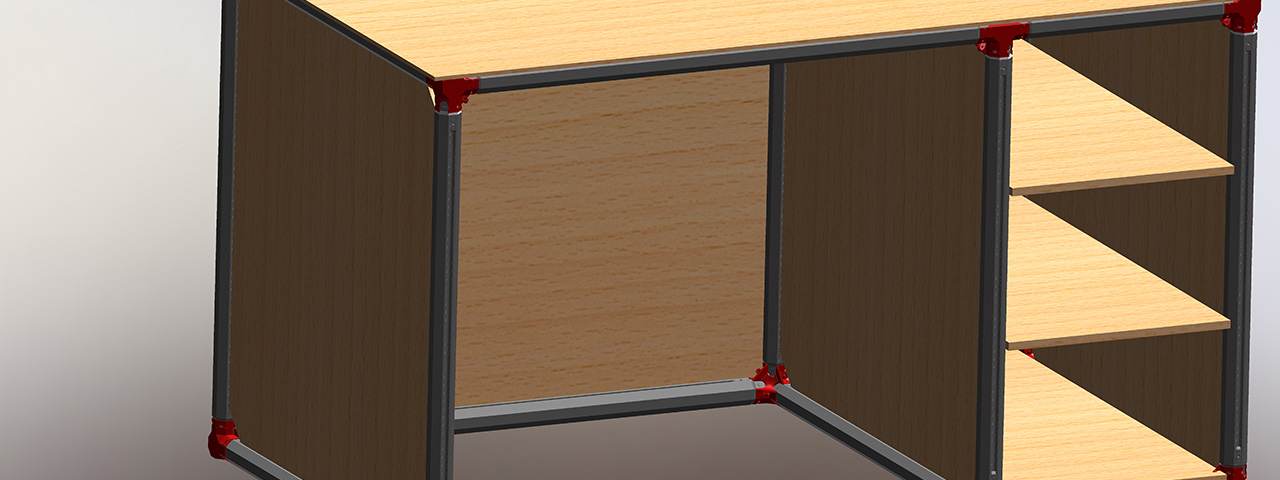 A desk and shelving unit framed with gray MakeWiths extrusions and red corner connectors